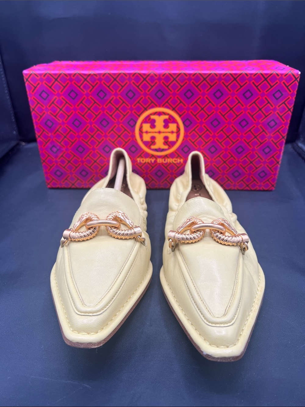Tory Burch Light Yellow Leather Pointed Toe Flats with Rose Gold Chain Detail
